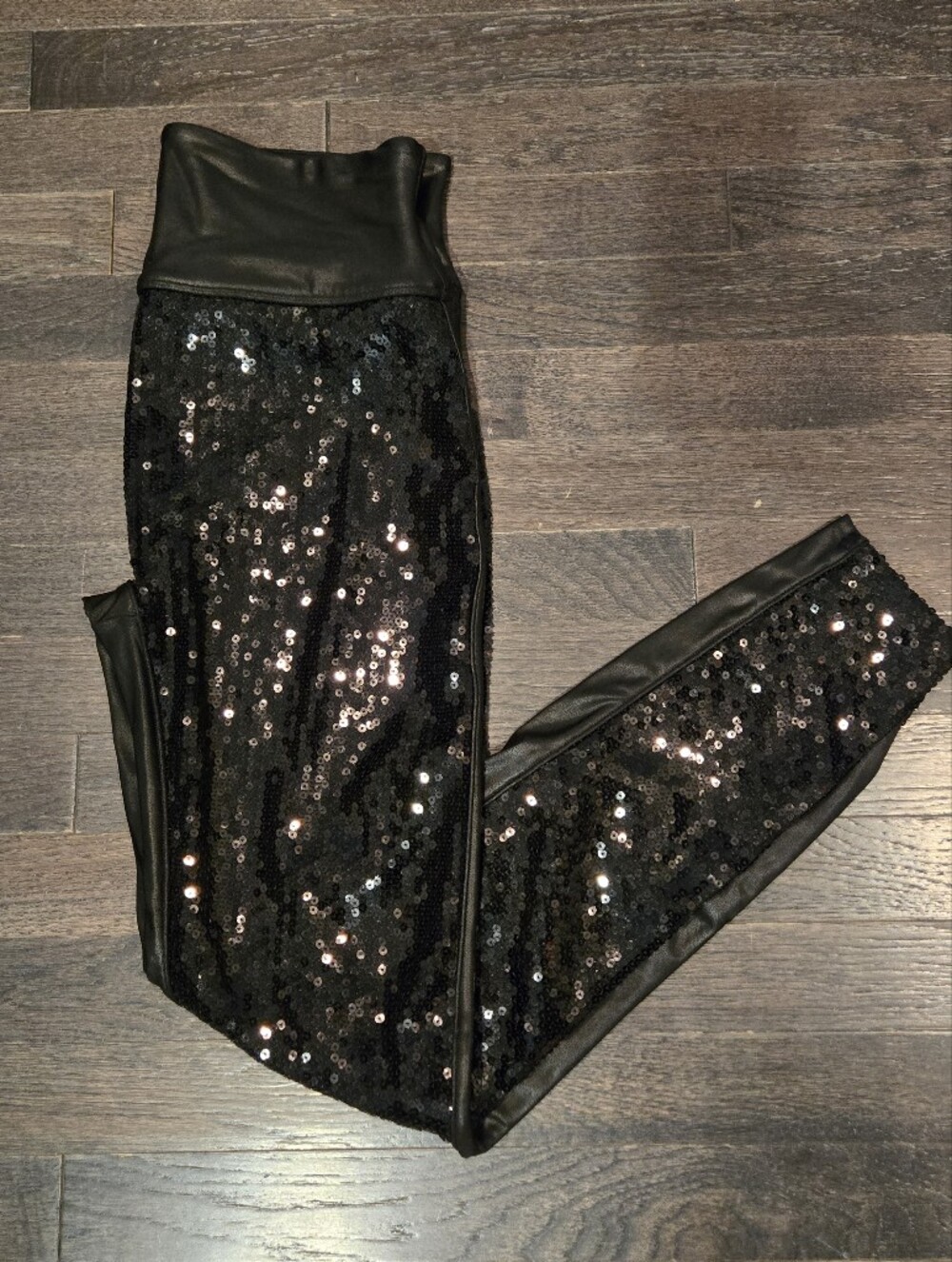 Spanx Black Sequin and Faux Leather Leggings - SZ Large